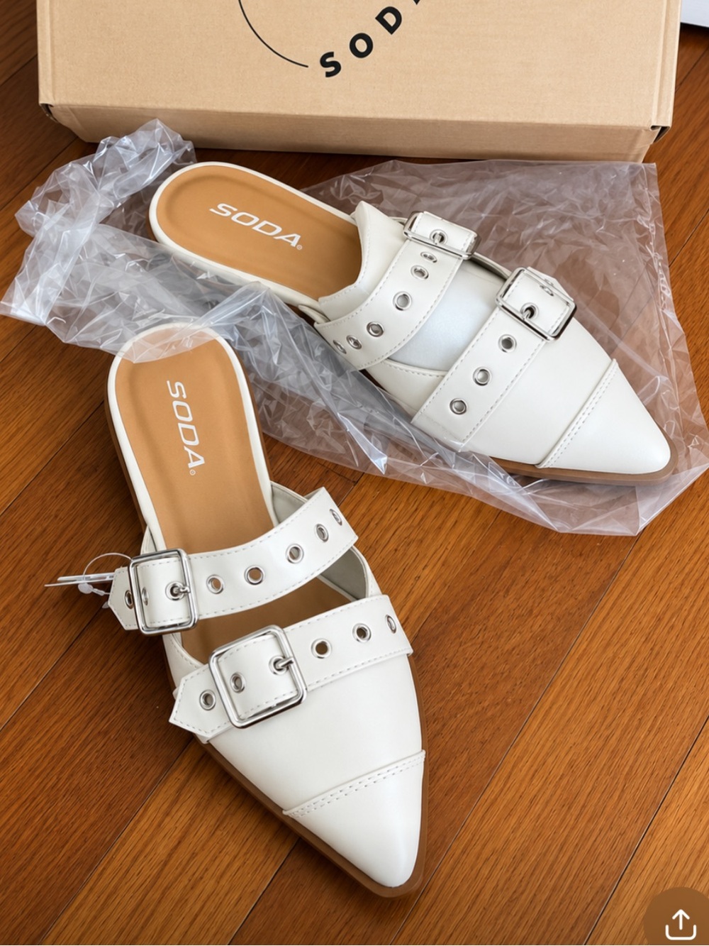 NWT - Ivory Pointed-Toe Double-Buckle Mules